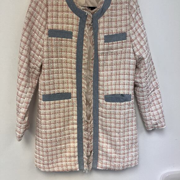 Venus Women Jacket Size 6 Pink Blue Tweed Open Front - Picture 3 of 6
